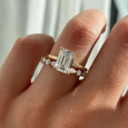 Emerald Cut Diamond Engagement Ring Set in 14K Yellow Gold Finish - Unique Bridal Ring Set For Her