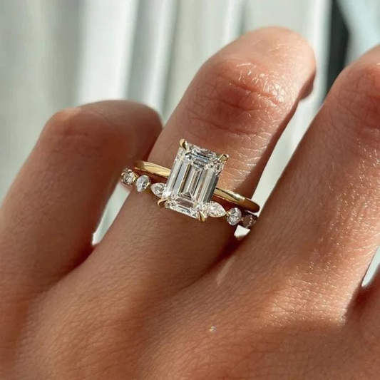 Emerald Cut Diamond Engagement Ring Set in 14K Yellow Gold Finish - Unique Bridal Ring Set For Her