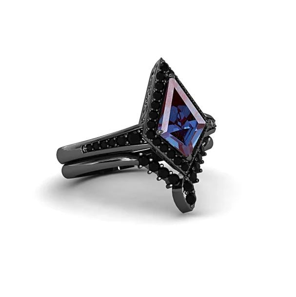 Kite Shaped Alexandrite Engagement Ring Set for Women 925 Silver - Alexandrite Wedding Ring Set