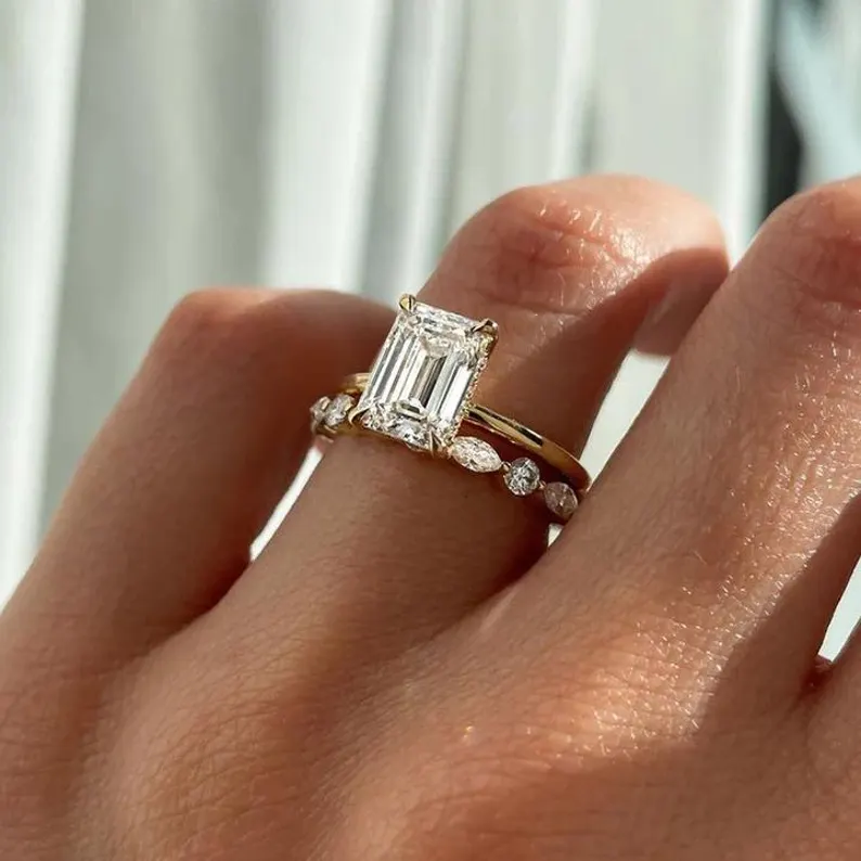 Emerald Cut Diamond Engagement Ring Set in 14K Yellow Gold Finish - Unique Bridal Ring Set For Her