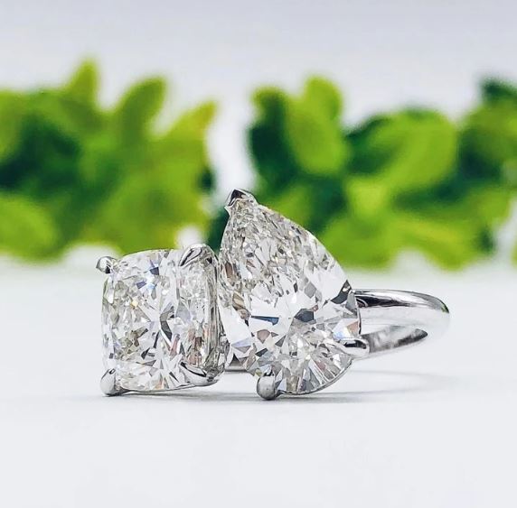 3.50 CT Pear & Cushion Cut Engagement ring in 925 Sterling Silver Toi Et Moi Wedding Ring