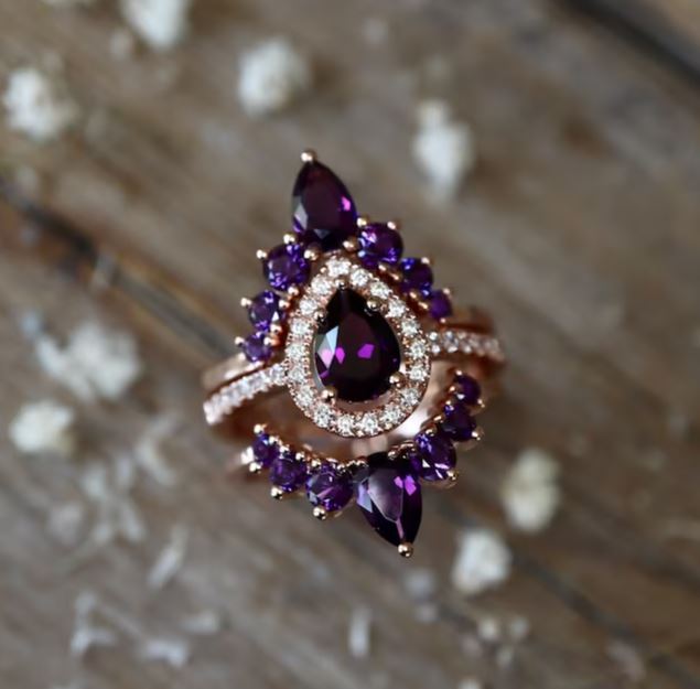 Teardrop Purple Amethyst Wedding Ring Set 14k Rose Gold Vermeil - Halo Engagement Ring - February Birthstone Ring