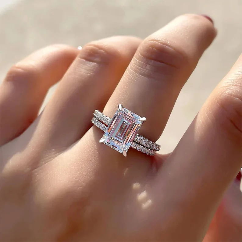 Emerald Cut Diamond Engagement Ring With Wedding Band in 925 Sterling Silver - Christmas Gift For Her