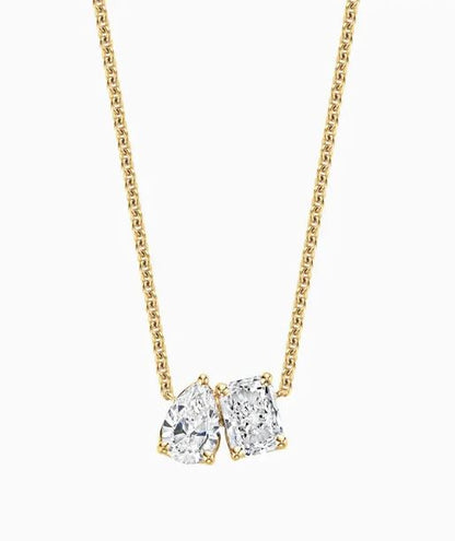 Elegant Two-Stone Necklace for Weddings 14K Yellow Gold Finish - Toi et Moi Diamond Necklace