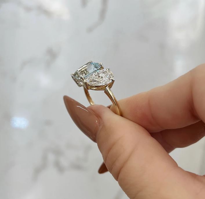 Aquamarine & Diamond Toi Et Moi Birthstone Couple Ring in 14K Yellow Gold Finish - Special For Engagement