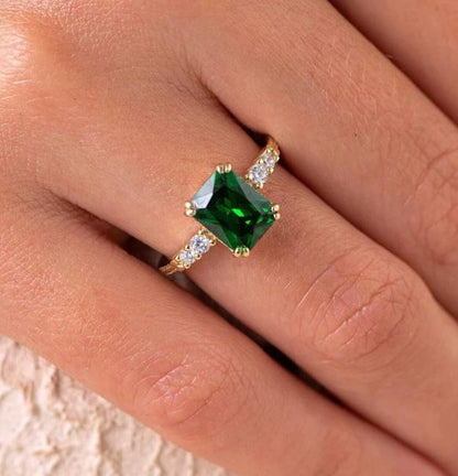 Green Emerald Engagement Ring Set in 14K Gold on Silver - Anniversary Gift for Her