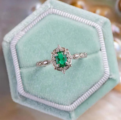 Art Deco Green Emerald & Diamond Engagement Ring in Sterling Silver - Dainty Ring For Her