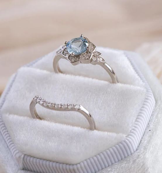 Aquamarine Stackable Silver Ring Set with Curved Band - March Birthstone Engagement Ring for Women