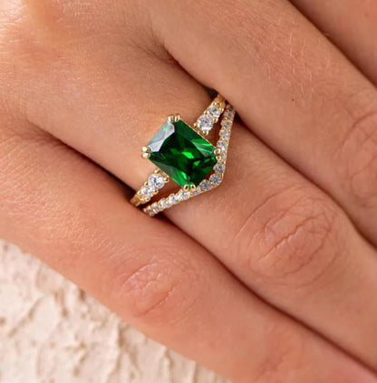 Green Emerald Engagement Ring Set in 14K Gold on Silver - Anniversary Gift for Her