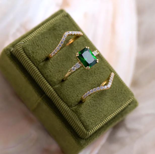 Green Emerald Engagement Ring Set in 14K Gold on Silver - Anniversary Gift for Her