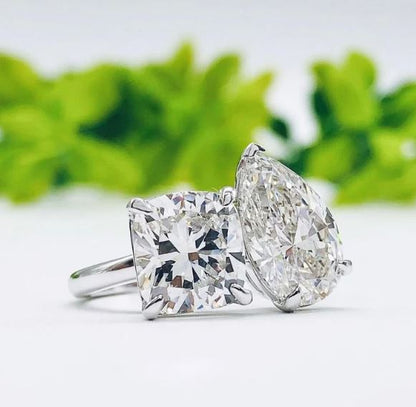 3.50 CT Pear & Cushion Cut Engagement ring in 925 Sterling Silver Toi Et Moi Wedding Ring