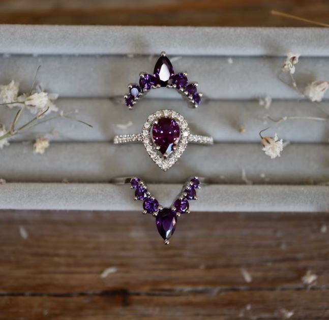 Teardrop Purple Amethyst Wedding Ring Set 14k Rose Gold Vermeil - Halo Engagement Ring - February Birthstone Ring