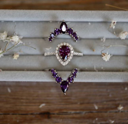 Teardrop Purple Amethyst Wedding Ring Set 14k Rose Gold Vermeil - Halo Engagement Ring - February Birthstone Ring