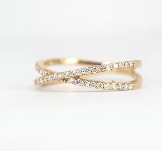 Diamond Crossover Ring in 14K Yellow Gold Finish - Double Eternity Ring - Gift For Love