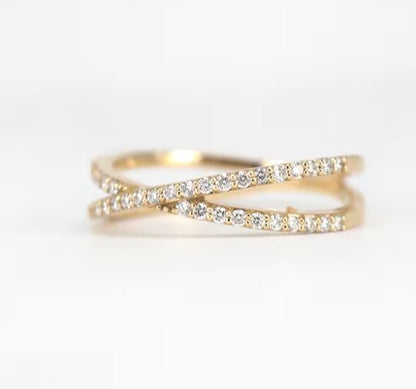 Diamond Crossover Ring in 14K Yellow Gold Finish - Double Eternity Ring - Gift For Love