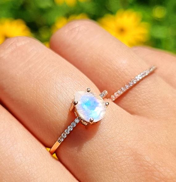 Pear Shaped Rainbow Moonstone Engagement Ring in 14K Yellow Gold Finish - Valentine Gift for Her