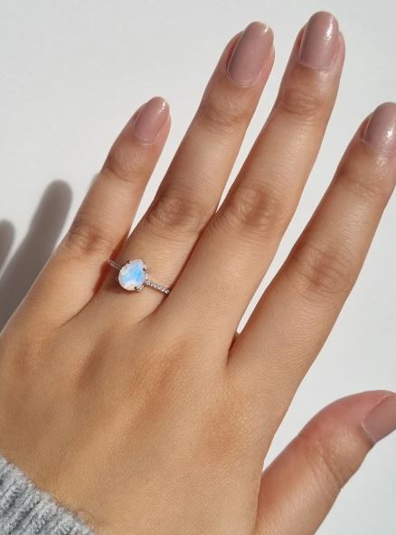 Pear Shaped Rainbow Moonstone Engagement Ring in 14K Yellow Gold Finish - Valentine Gift for Her