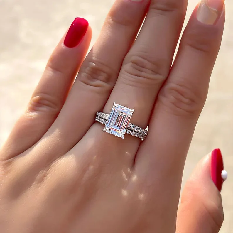 Emerald Cut Diamond Engagement Ring With Wedding Band in 925 Sterling Silver - Christmas Gift For Her