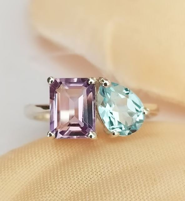 Stunning Toi and Moi Ring - Lavender Amethyst & Blue Topaz Multi Ring in 925 Sterling Silver