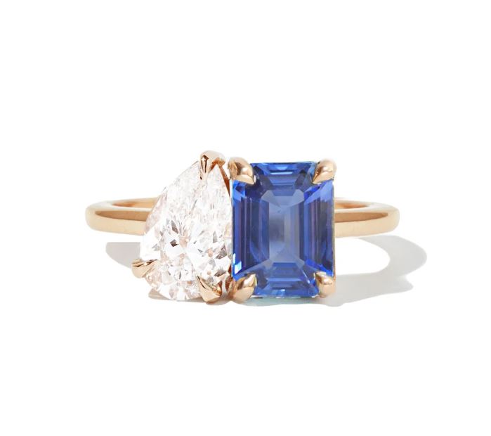 Sapphire Emerald & Pear Diamond Toi et Moi Ring in 925 Sterling Silver