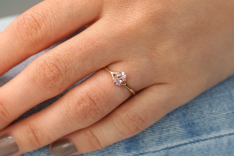 Natural Morganite Solitaire Promise Ring in 925 Silver Rose Gold Plated - Classic Dainty Ring