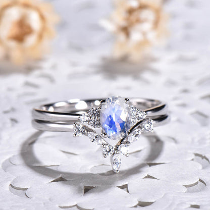 Rainbow Moonstone Engagement Ring Set in Sterling Silver - Cluster Diamond Curve Band Art Deco Ring For Her