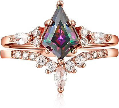 Kite Cut Mystic Topaz Wedding Ring Set in 14K Rose Gold Finish - Rainbow Color Bridal Ring Set