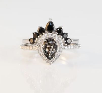 Natural Rutilated Quartz & Black Diamond Engagement Ring Set in 925 Sterling Silver - Gift For Her