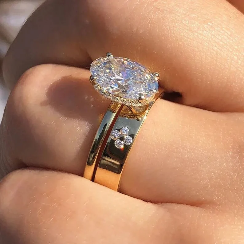 Oval Diamond Engagement Ring Set For Her & Him Matching Wedding Band in 14K Yellow Gold Finish