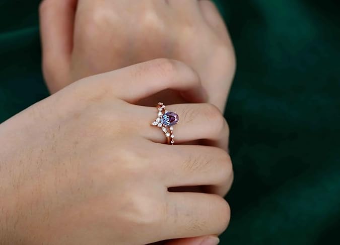 Oval Cut Alexandrite & Diamond Engagement Ring Set for Women 925 Sterling Silver - Christmas Gift For Her