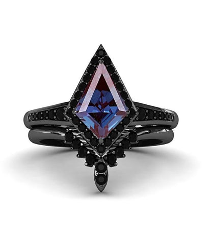 Kite Shaped Alexandrite Engagement Ring Set for Women 925 Silver - Alexandrite Wedding Ring Set