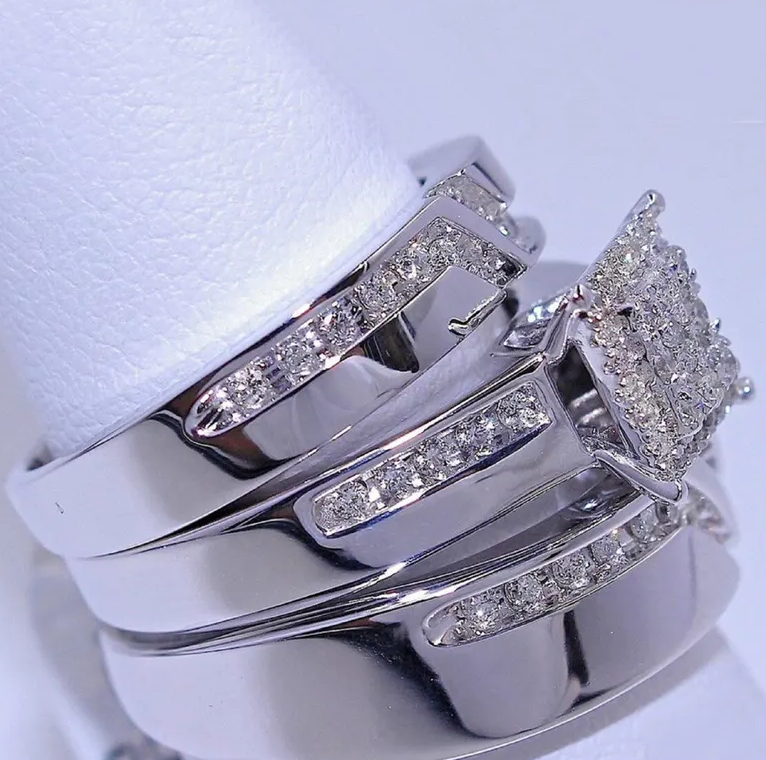 His and Hers Matching Wedding Band Engagement Trio Ring Sets 925 Sterling Silver - Valentine's Special Ring