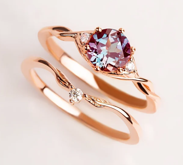 Vintage Alexandrite Engagement Ring Set in 14K Rose Gold Finish - Gift For Her