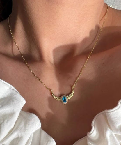 Enchanted Blue Stone Necklace- A Tale of Regal Elegance Inspired by Swan in 14k Yellow Gold Vermeil Special Gift For Her