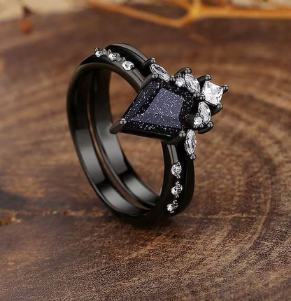 Galaxy Sandstone Ring in Black Rhodium Engagement Ring Set- Promise Ring Gift For Her