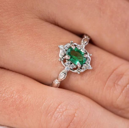 Art Deco Green Emerald & Diamond Engagement Ring in Sterling Silver - Dainty Ring For Her