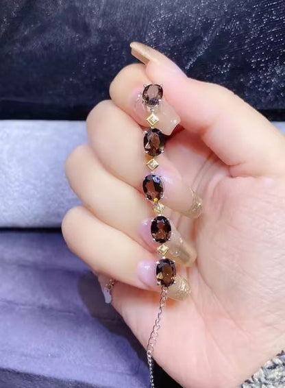 8x6mm Oval Natural Brown Smoky Diamond Bracelet in 925 Sterling Silver For Womens