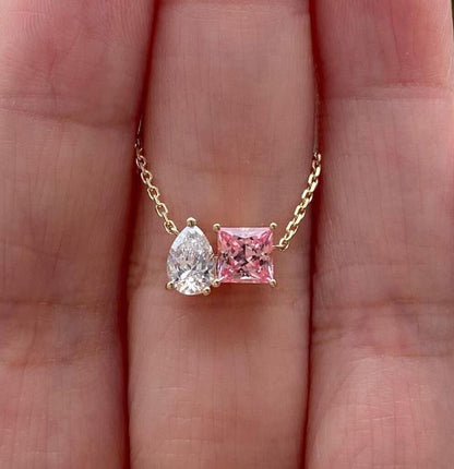 Pink Princess & Pear Diamond Toi Et Moi Pendant Necklace in 14K Rose Gold Finish - Gift For Her