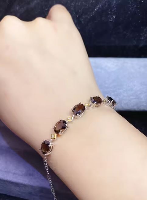 8x6mm Oval Natural Brown Smoky Diamond Bracelet in 925 Sterling Silver For Womens