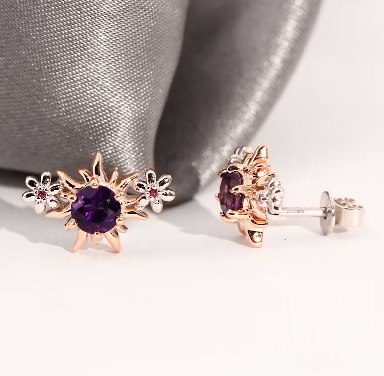 Rapunzel Natural Amethyst and Pink Sapphire Earrings in 925 Sterling Silver Fairy Tale Stud Earring Gift For Her