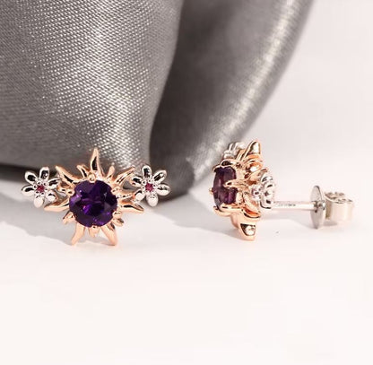 Rapunzel Natural Amethyst and Pink Sapphire Earrings in 925 Sterling Silver Fairy Tale Stud Earring Gift For Her
