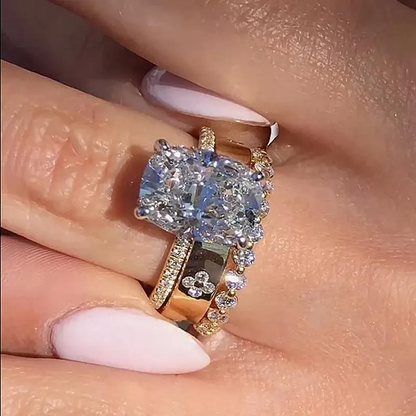 3 Ct Cushion Cut Diamond Wedding Ring Set in 925 Silver 14K Gold Finish - Engagement Ring Gift For Her