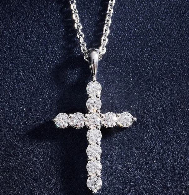 Diamond Cross Pendant Necklace in 925 Silver - Religious Necklace Dainty Cross Jewelry