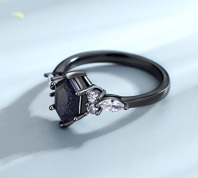 Orion Nebula Ring - Hexagon Cut Blue Sandstone Ring Black Plated Engagement Ring Gift For Her