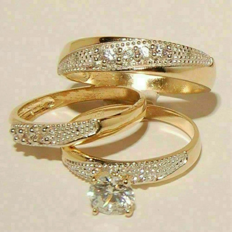 Diamond Couples Ring Set in 14k Yellow Gold Plated - His and Hers Matching Wedding Band