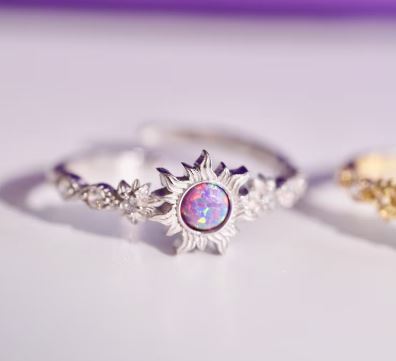 Lost Princess Magic Sunflower Purple Opal & Diamond Promise Ring in 925 Sterling Silver - Anniversary Gift For Her