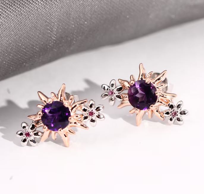 Rapunzel Natural Amethyst and Pink Sapphire Earrings in 925 Sterling Silver Fairy Tale Stud Earring Gift For Her