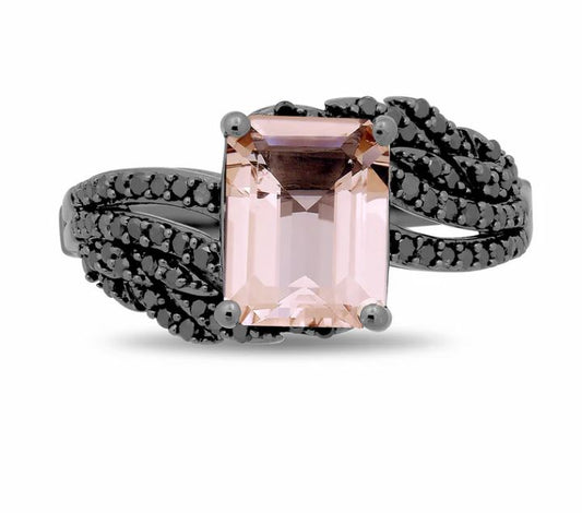 Morganite & Black Diamond Maleficent Aurora Ring in Black Rhodium over 925 Sterling Silver