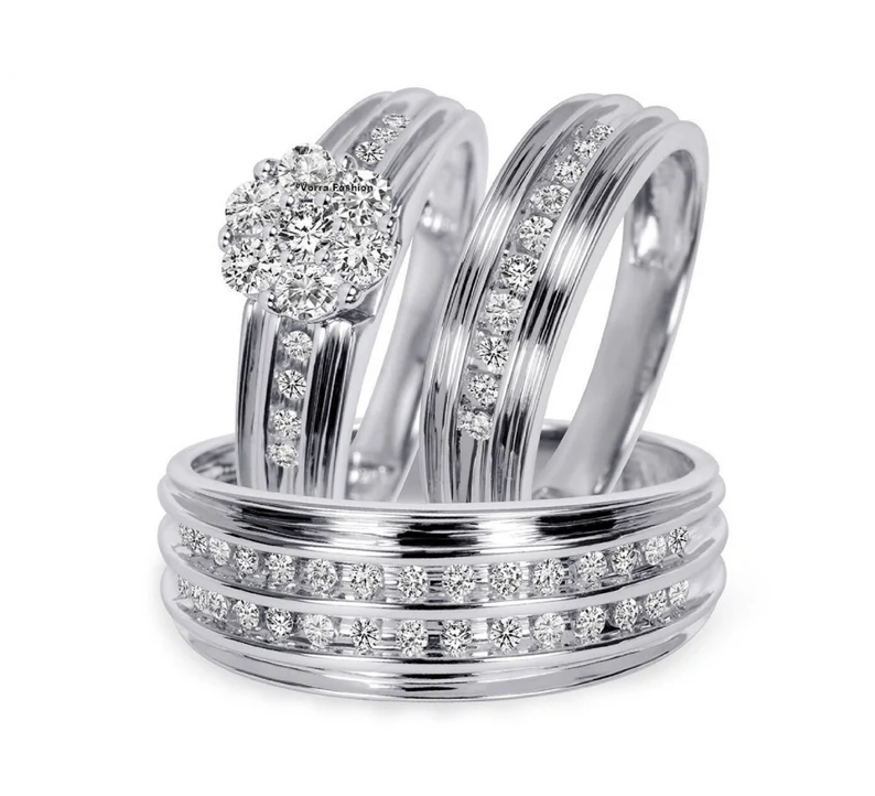 Round Cut Diamond Wedding Trio Ring Set in 925 Sterling Silver - His and Hers Matching Band