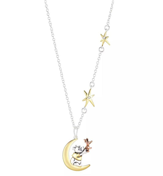 Winnie the Pooh and Piglet Moon Pendant Necklace in 925 Sterling Silver - Special Gift For Her